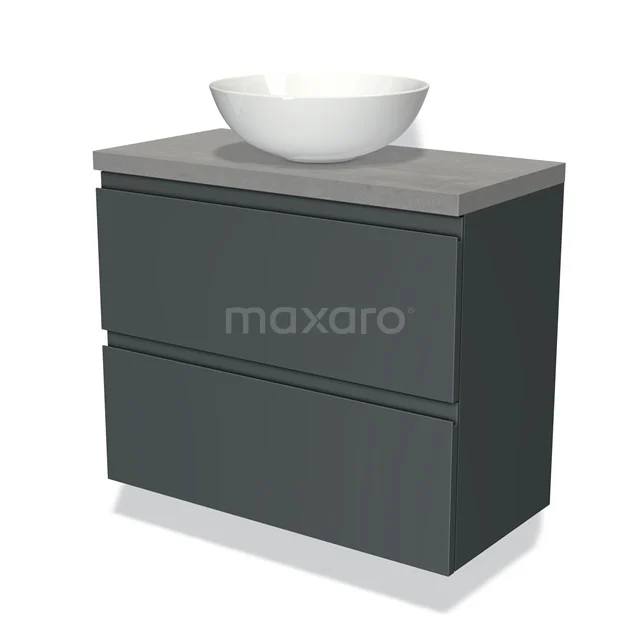Dark grey floating bathroom unit with two drawers, concrete worktop and white countertop basin. Modern design for the bathroom.