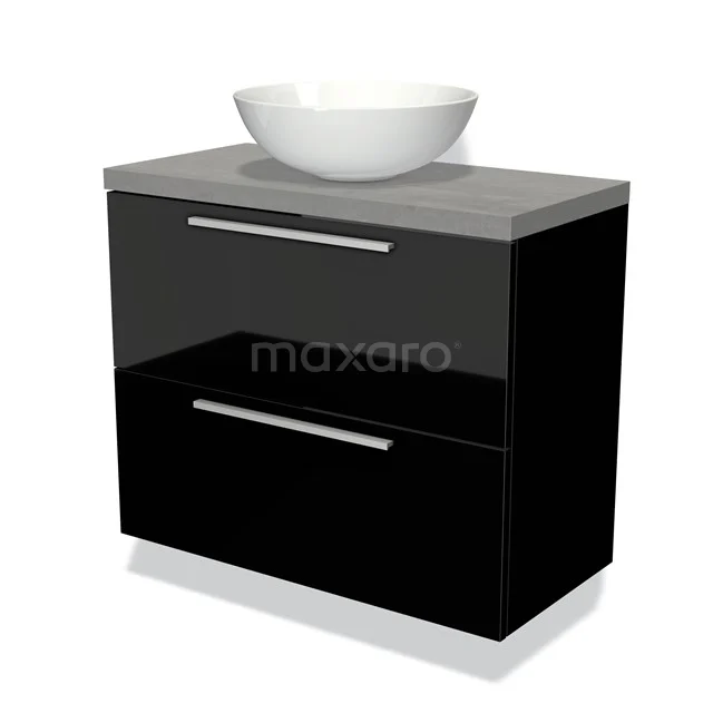 Black bathroom unit with two drawers, grey worktop and white basin bowl; modern design for stylish bathrooms.