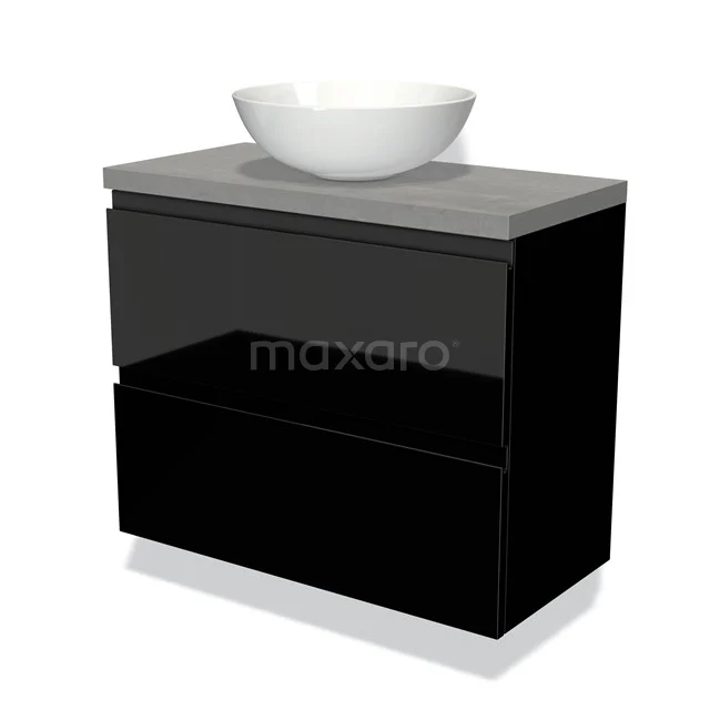 Black bathroom unit with glossy drawers, grey stone worktop and round white countertop wash basin, modern design.