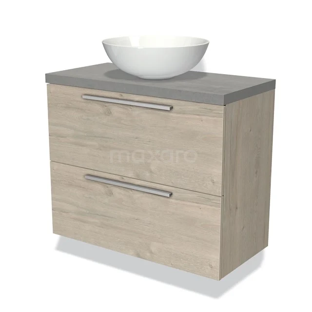Wooden bathroom unit with grey worktop and white countertop wash basin, modern design, two drawers with metal handles.