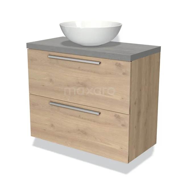 Holz-Badmöbel mit Aufsatzwaschbecken, Eiche-Look, graue Platte und zwei Schubladen mit Edelstahl-Haltegriffen für ein modernes Badezimmer.