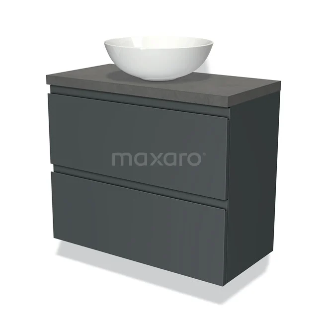 Grijs badkamermeubel met twee lades, keramische wastafel en moderne uitstraling. Perfect voor een stijlvolle badkamer.