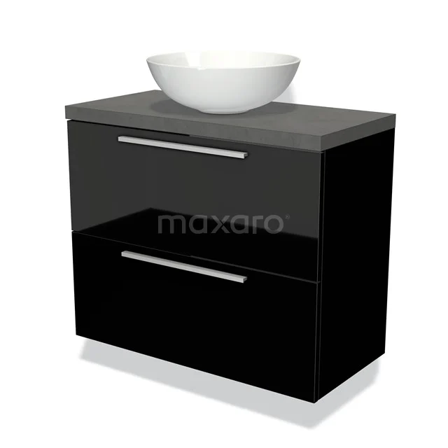 Zwart badkamermeubel met hoogglans afwerking, grijs blad en witte keramische waskom, ideaal voor moderne badkamers.