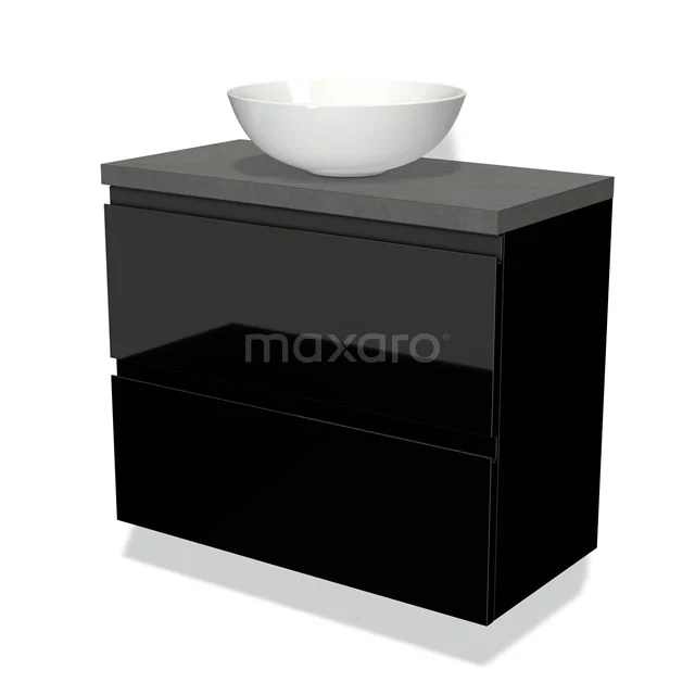 Zwart glanzend badkamermeubel met een grijs blad en een ronde, witte waskom; strak design en moderne uitstraling.