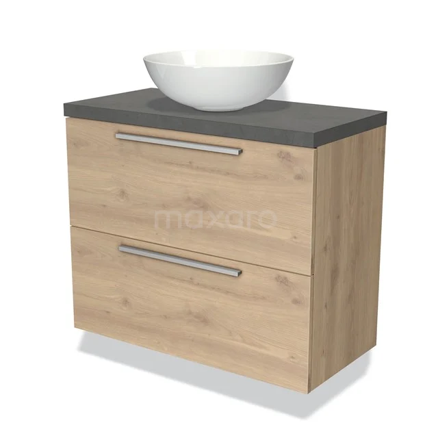 Eikenhouten badkamermeubel met zwarte blad en twee lades, inclusief ronde witte wastafel, modern en stijlvol design.