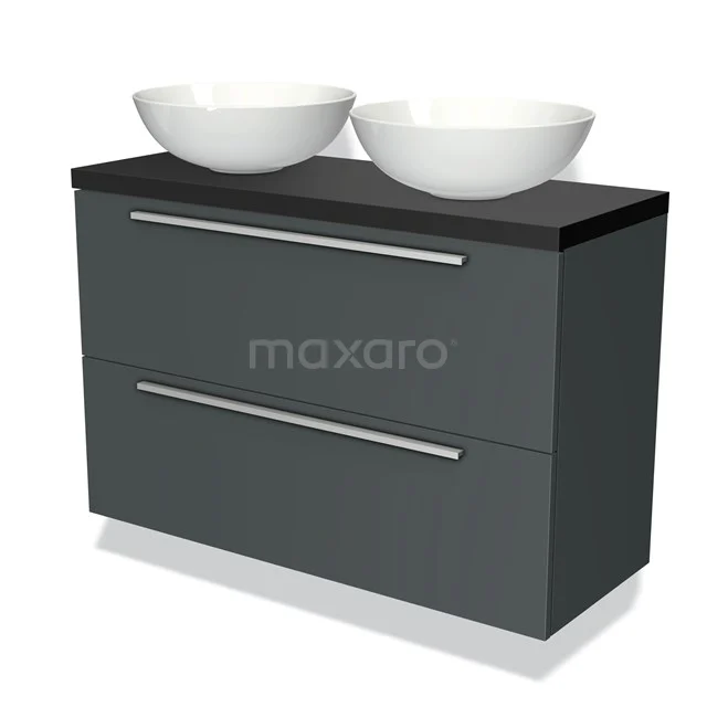 Grijze badkamerkast met modern ontwerp, dubbele witte wastafelkommen en chromen handgrepen, ideaal voor een stijlvolle badkamer.