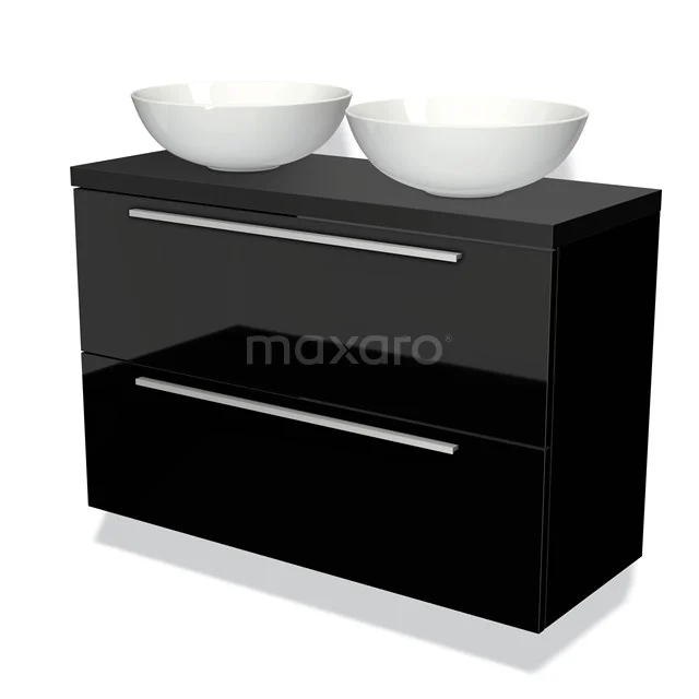Zwart badkamermeubel met hoogglans afwerking, dubbele witte kommen, strakke handgrepen en modern design.