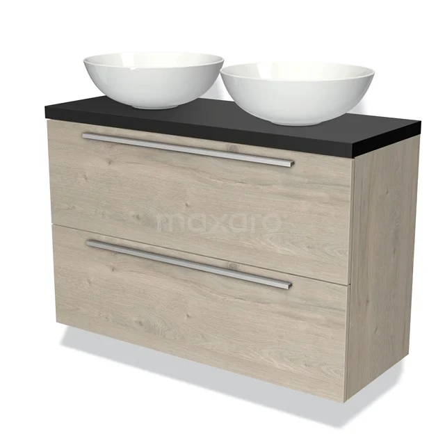 Licht eikenhouten badkamermeubel met zwart blad en twee witte ovale wastafels, ideaal voor een moderne badkamer.