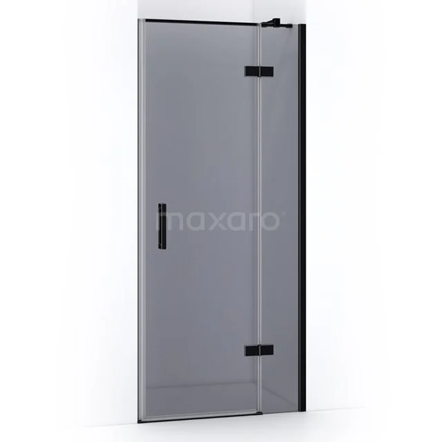 Glass shower door with black metal accents, sleek design, ideal for stylish bathrooms.