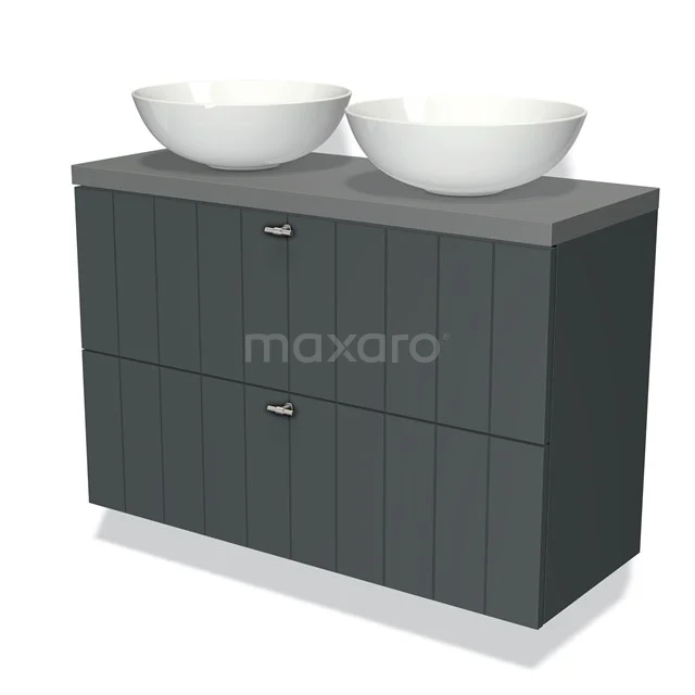 Dubbele wastafelonderkast antraciet met witte keramische waskommen, modern design, ideaal voor luxe badkamerinrichting.