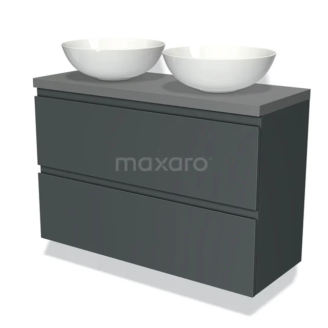 Donkergrijze wastafelmeubelset met twee witte ronde waskommen, ideaal voor een moderne badkamerstijl.