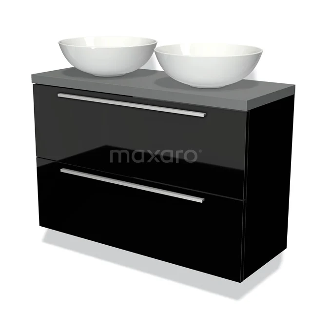 Zwarte badkamerkast met twee witte ronde wastafels, glanzende afwerking en metalen handgrepen, ideaal voor moderne badkamers.