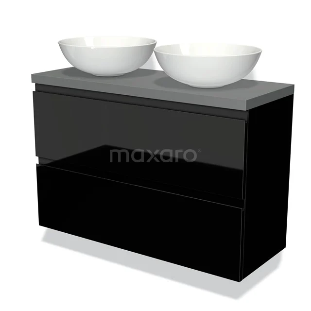 Zwart badkamermeubel met glanzende lades, grijs werkblad en twee witte waskommen, perfect voor een moderne badkamerstijl.