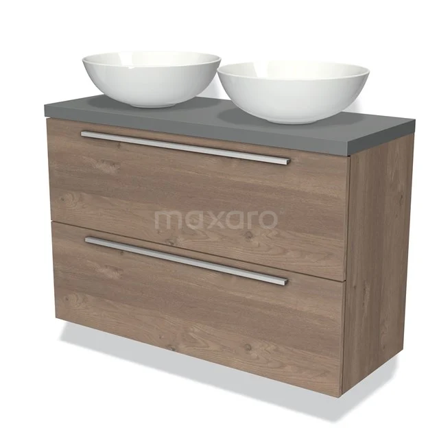 Modulo Plato Slim Badkamermeubel voor waskom | 100 cm Middenbruin eiken Vlak front Middengrijs blad 2 lades onder elkaar BMK37-01459