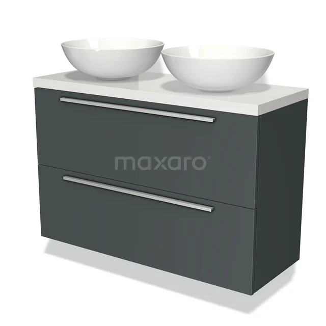Donkergrijze dubbele wastafelmeubel met twee witte waskommen, moderne afwerking voor stijlvolle badkamer.