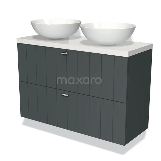 Dubbele wastafel zwart houtlook met witte opzetkommen, modern badkamermeubel voor stijlvolle en functionele badkamers.