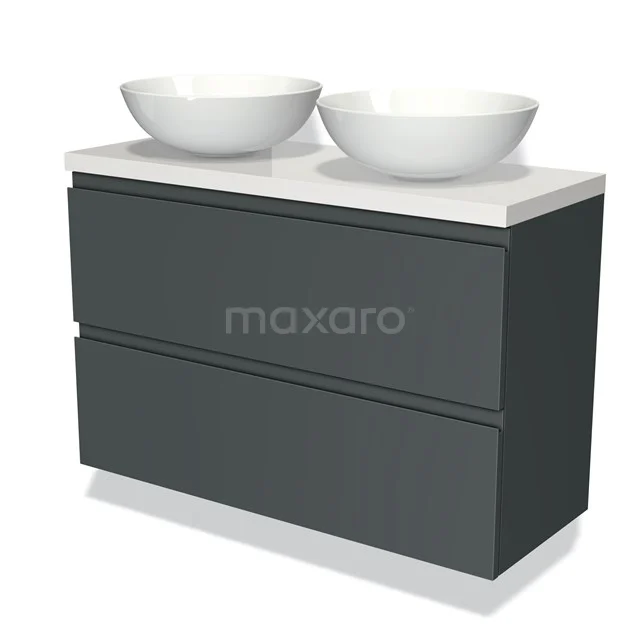 Donkergrijze badkamermeubelset met twee witte opbouwkommen, strak design en moderne uitstraling, ideaal voor een stijlvolle badkamer.
