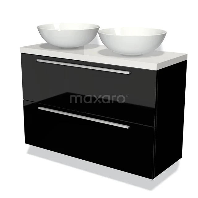 Zwarte glazen badkamerkast met dubbele witte wastafel, modern design, ideale opbergruimte voor een stijlvolle badkamer.