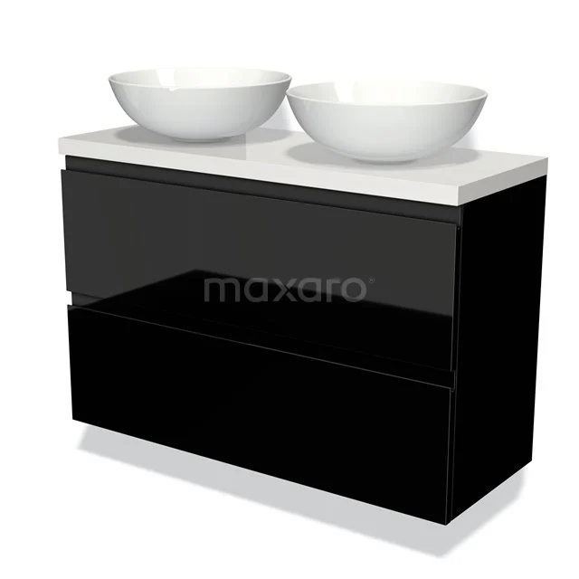 Schwarzes Badmöbel mit Hochglanzoberfläche, zwei weißen Aufsatzwaschbecken und Softclose-Schubladen für einen modernen Badezimmerstil.