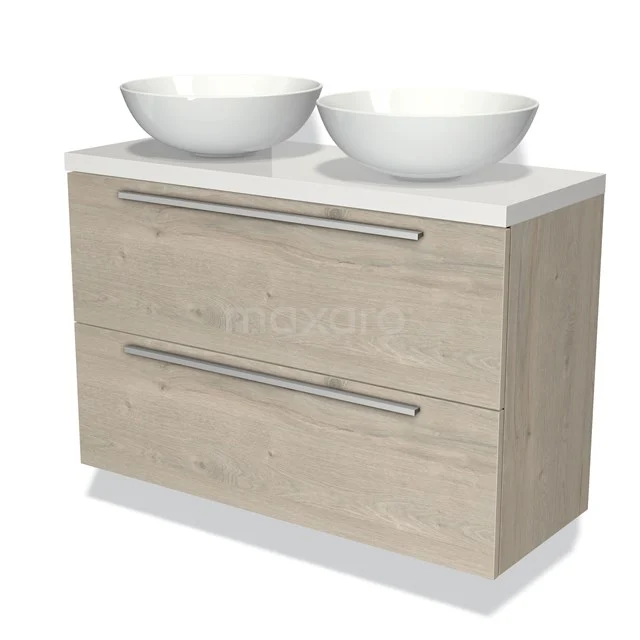 Badmöbel mit Konsole 100cm Modulo Plato Slim Hellgraue Eiche 2 Schubladen Flach BMK37-01484 Holz Badezimmermöbel mit doppeltem Aufsatzwaschbecken, hell Eiche, chromfarbene Haltegriffe, ideal für moderne Bäder.