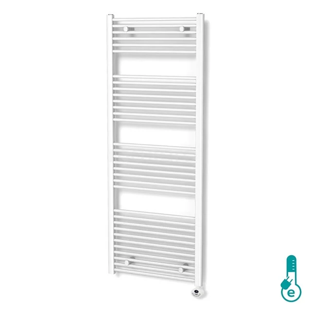 White steel towel radiator with vertical tubes, ideal for a modern bathroom. Finished with sleek design.