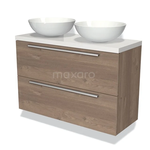 Modulo Plato Slim Badkamermeubel voor waskom | 100 cm Middenbruin eiken Vlak front Hoogglans wit blad 2 lades onder elkaar BMK37-01488