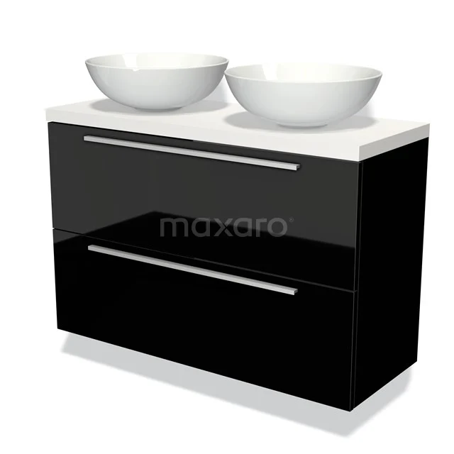 Modern zwart badkamermeubel met twee ovalen witte wastafels, hoogglans afwerking en chromen handgrepen.