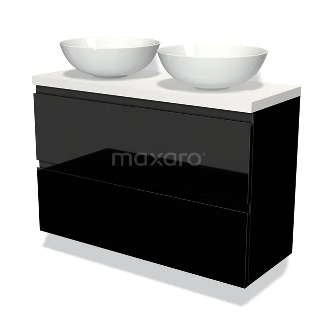 Modulo Plato Slim Vanity units for countertop basin | 100 cm High-gloss black Handle-less front Matte white worktop 2 Stacked drawers BMK37-01510