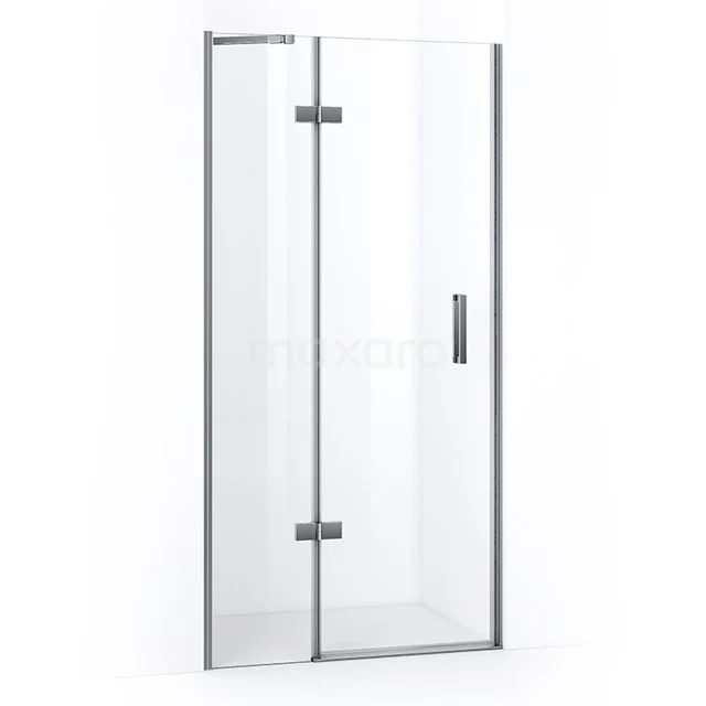 Glass shower door with hinge, clear safety glass and chrome profile; stylish and durable for a modern bathroom.
