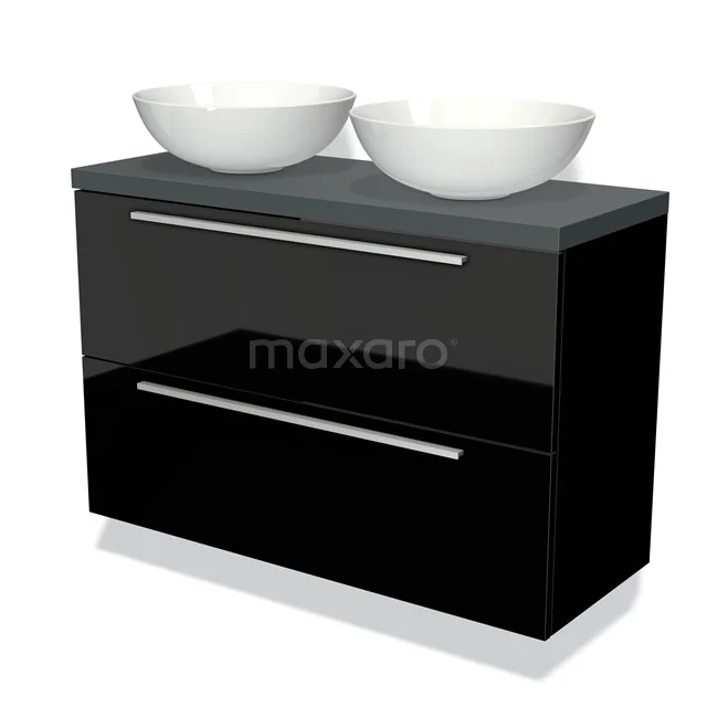 Schwarz Hochglanz-Badmöbel mit doppelten Aufsatzwaschbecken, moderne Ausstrahlung, einschließlich schicker metallischer Griffe.