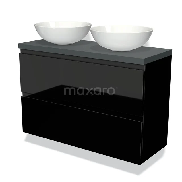 Schwarze Badmöbelset mit glänzender Front, grauer Platte und zwei runden, weißen Waschbecken für einen modernen Badezimmerstil.