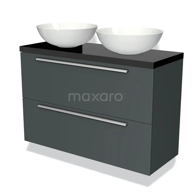 Antracietgrijs badkamermeubel met twee witte waskommen, hoogglans afwerking en moderne metalen grepen.