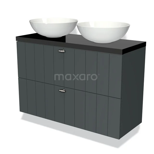 Grijze badmeubelset met dubbele witte waskommen, strak design en zwarte bovenblad, ideaal voor moderne badkamers.