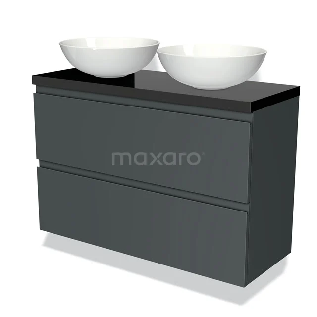 Donkergrijs badkamermeubel met zwarte glazen top en twee witte opzetwastafels, strak en modern design.