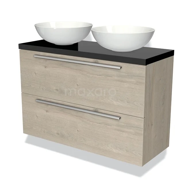 Badezimmermöbel Holzoptik mit schwarzer Oberseite, doppelten weißen Aufsatzwaschbecken und Schublade mit metallischen Griffen, modernes und stilvolles Design.