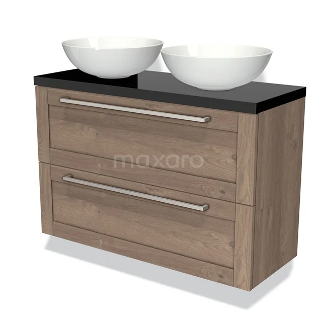 Wooden bathroom unit with double countertop wash basin, black metal worktop and handles; stylish design for modern bathrooms.