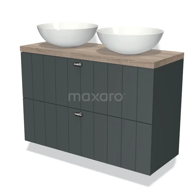 Grijze badkamermeubel met houtlook blad en dubbele witte waskommen, moderne opbergkast voor stijlvolle badkamer inrichting.