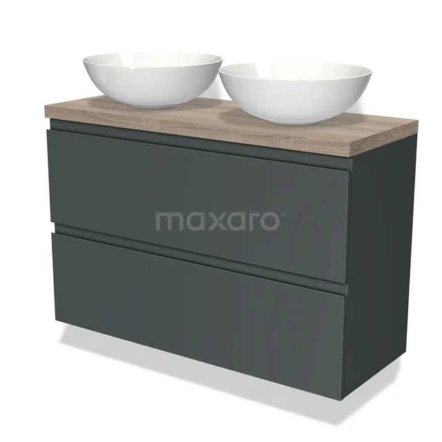 Donkergrijze badkamerkast met houtlook blad en twee witte waskommen, ideaal voor stijlvolle en moderne badkamers.