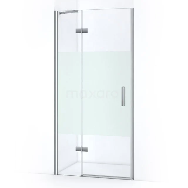 Glas Duschtür mit verchromten Scharnieren und Mattglasdekoration, perfekt für einen modernen Badezimmerstil.