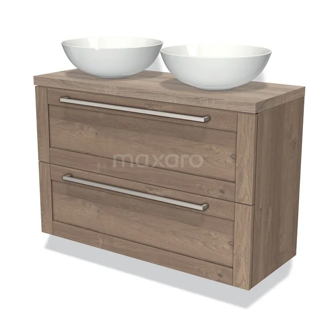 Bathroom unit with wood look, two drawers and double white countertop wash basins, ideal for stylish and practical bathroom design.