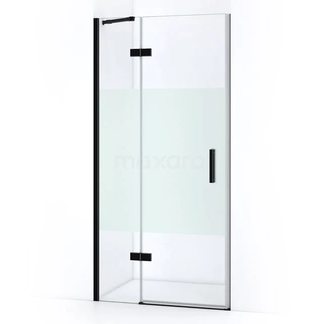Glass shower door with black aluminium frame, sleek design, ideal for modern bathrooms. From the Elegance series.