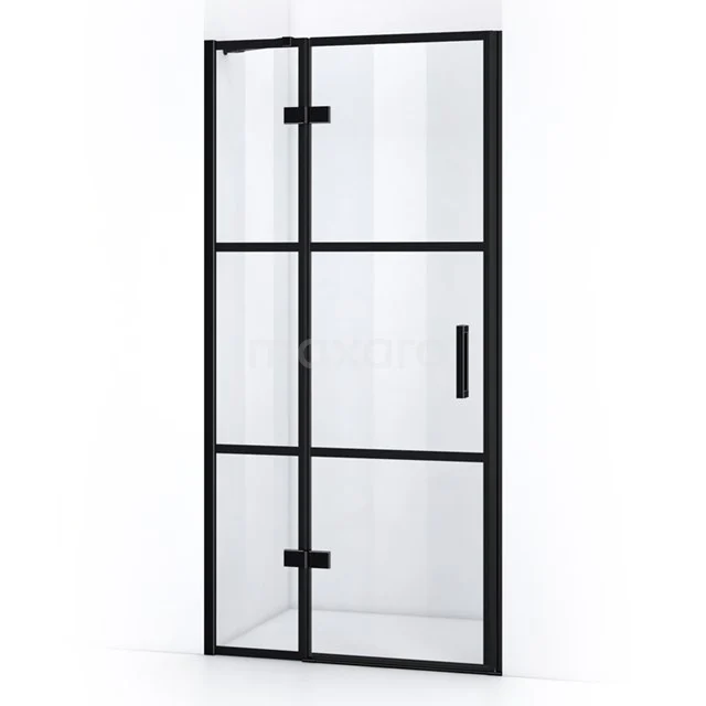 Matte black shower door with matte black accents, clear glass panels and industrial design, perfect for modern bathrooms.