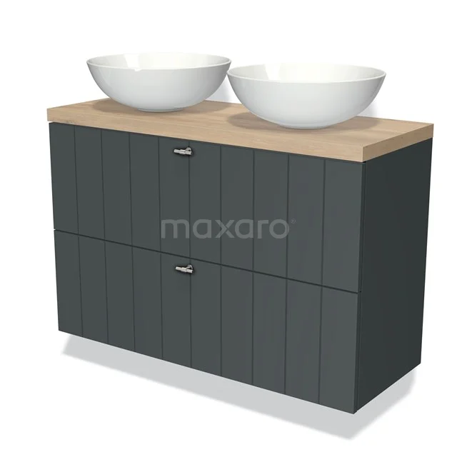 Antraciet badkamermeubel met houten blad en dubbele witte wastafels, modern design met verticale groeven in de deuren.