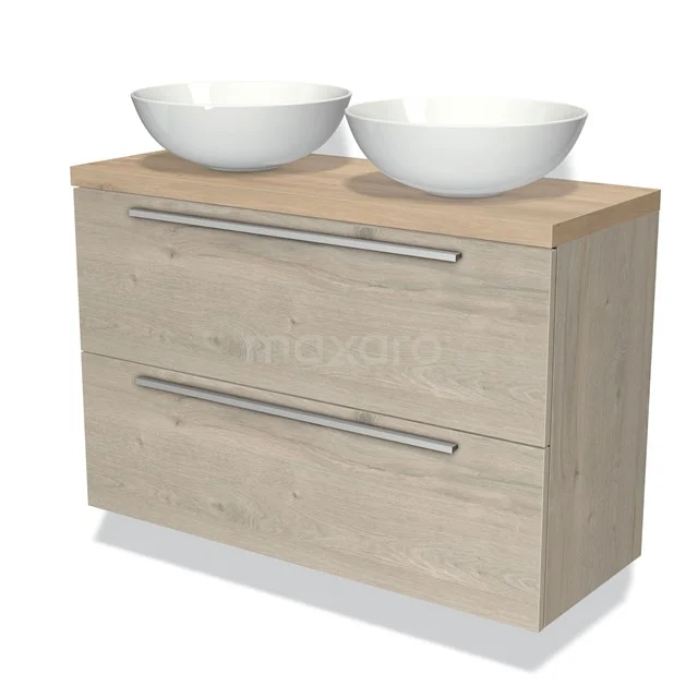 Hölzernes Badezimmermöbel mit doppelten weißen Aufsatzwaschbecken, modernem Design, zwei Schubladen und Edelstahl Haltegriffen für zusätzlichen Stauraum.