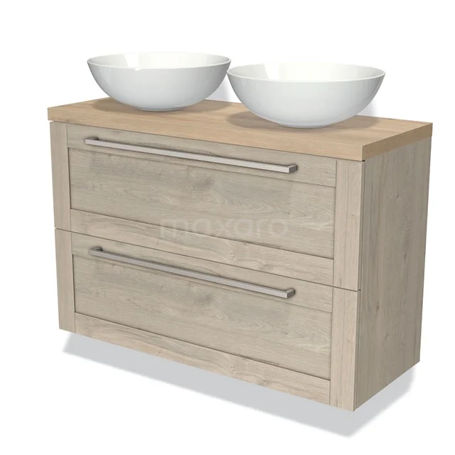 Wooden bathroom unit with two white ceramic countertop wash basins, modern drawer handles and Scandinavian design.