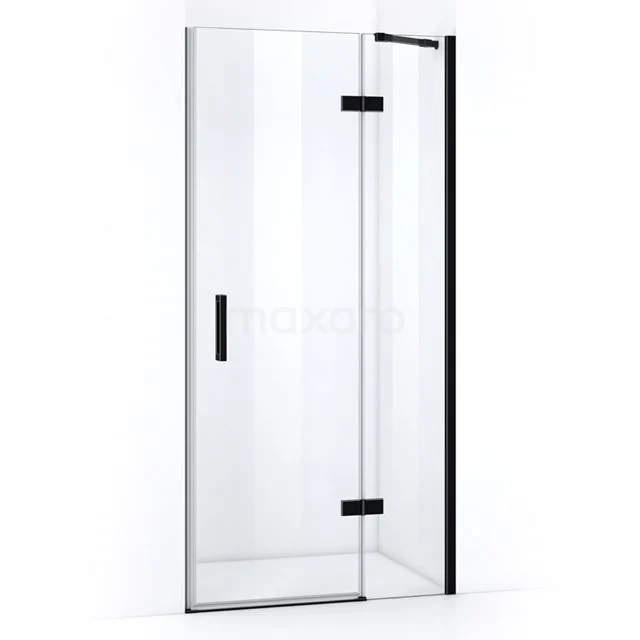 Glass shower door with black profile, swivel design, ideal for modern bathrooms, high-quality finish for sleek appearance.