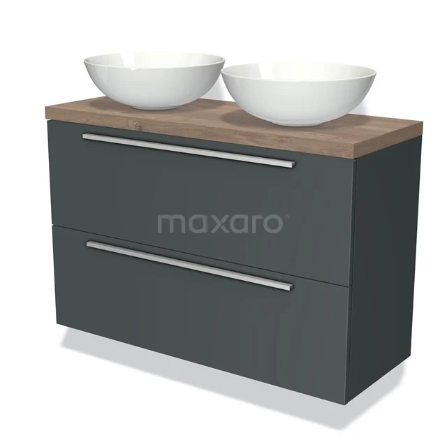 Bathroom unit with wooden worktop, two white countertop wash basins and matt grey drawers, modern design.