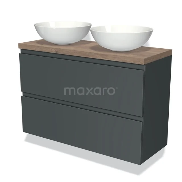 Donkergrijze badkamermeubelset met twee witte waskommen, houten blad en modern design, perfect voor een stijlvolle badkamer.