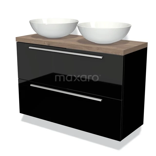 Zwevende Badmöbelset Schwarz mit Holzlook Platte, doppelte Aufsatzwaschbecken aus Keramik und schlichte chromene Haltegriffe.