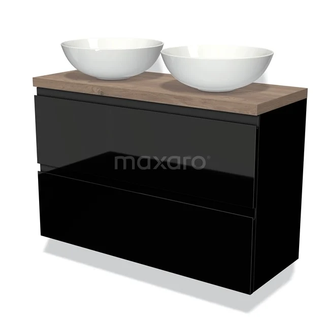 Zwarte badkamermeubelset met houtlook blad en twee witte waskommen, stijlvol modern design voor de badkamer.